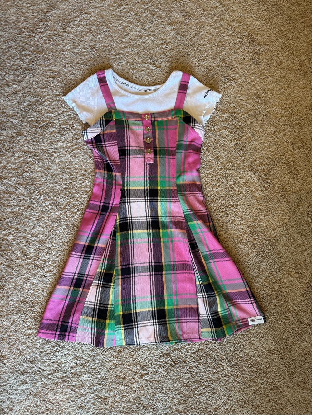 Warner Bros. Pink Plaid Pinafore Dress with White Tee medium 10